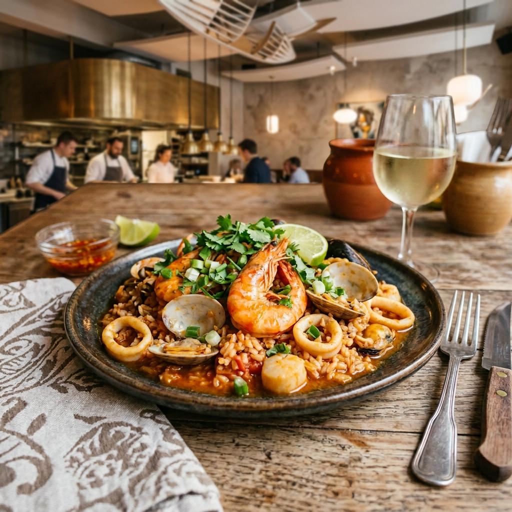Plate of seafood paella with shrimp, clams, scallops, and herbs, accompanied by a glass of white wine