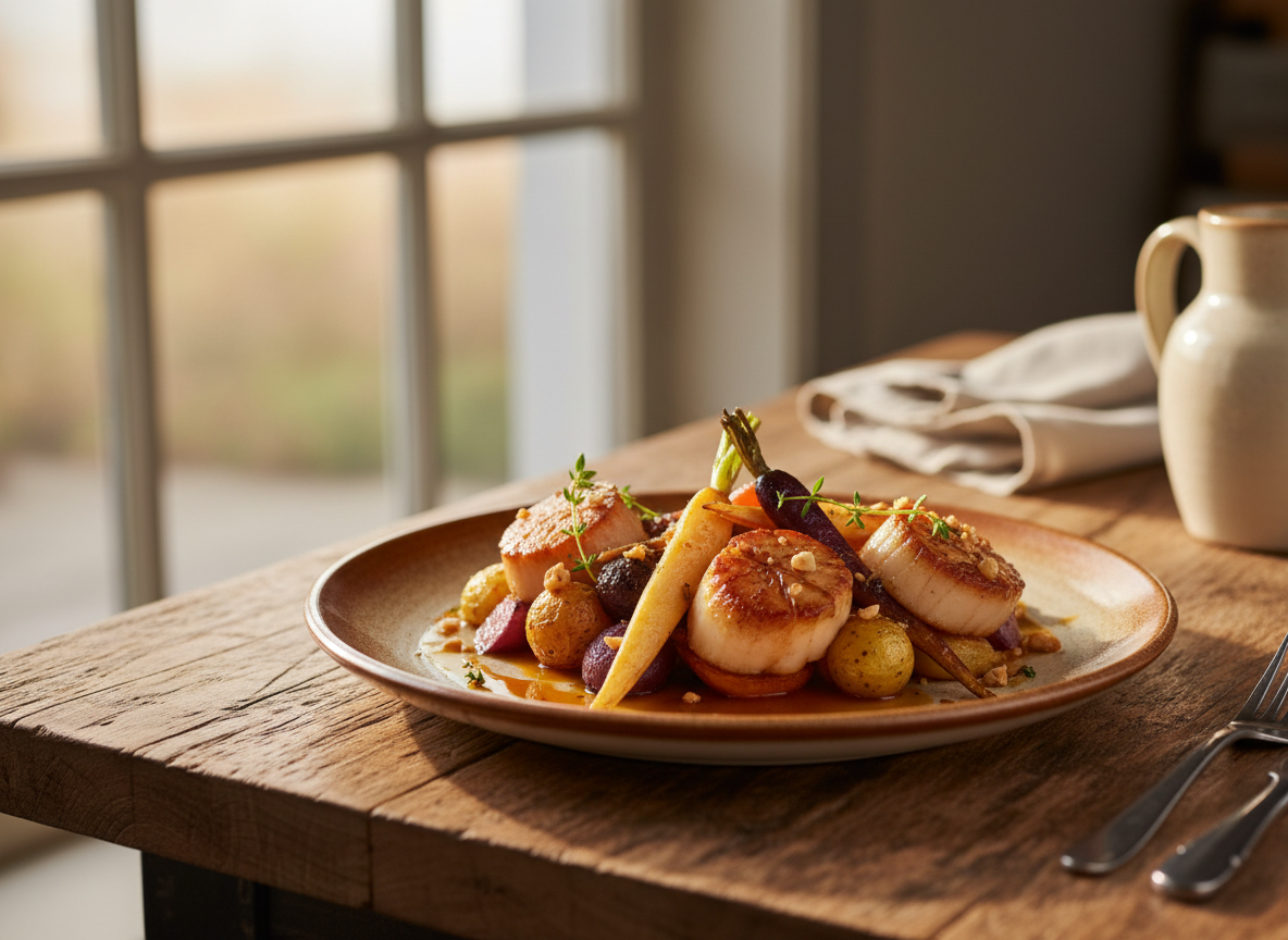 Authentic close-up food photography of a beautifully plated restaurant dish, warm earthy tones, natural window light.