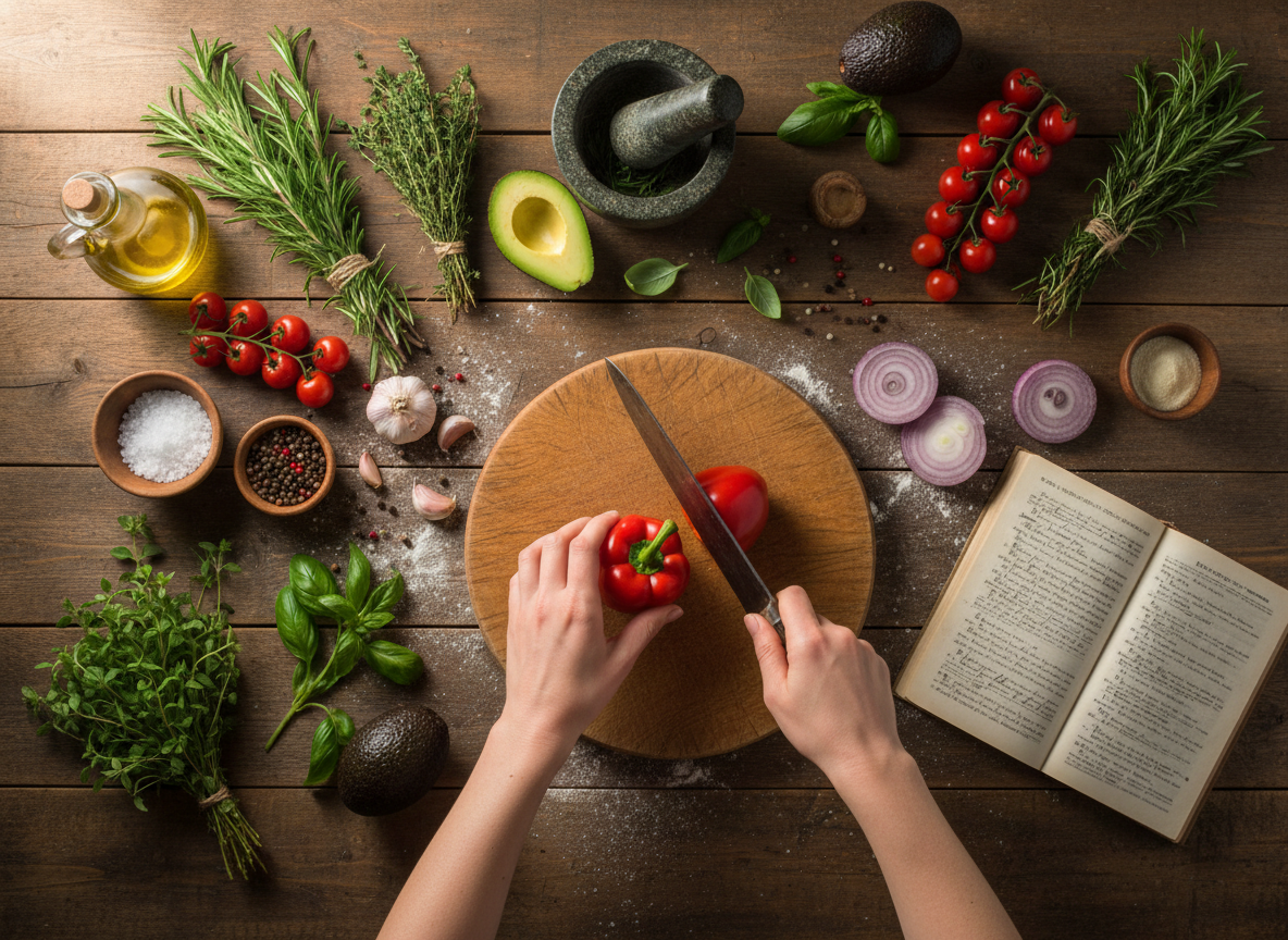 Overhead flat lay of fresh recipe ingredients being prepared on a rustic countertop, hands cooking, warm natural light.