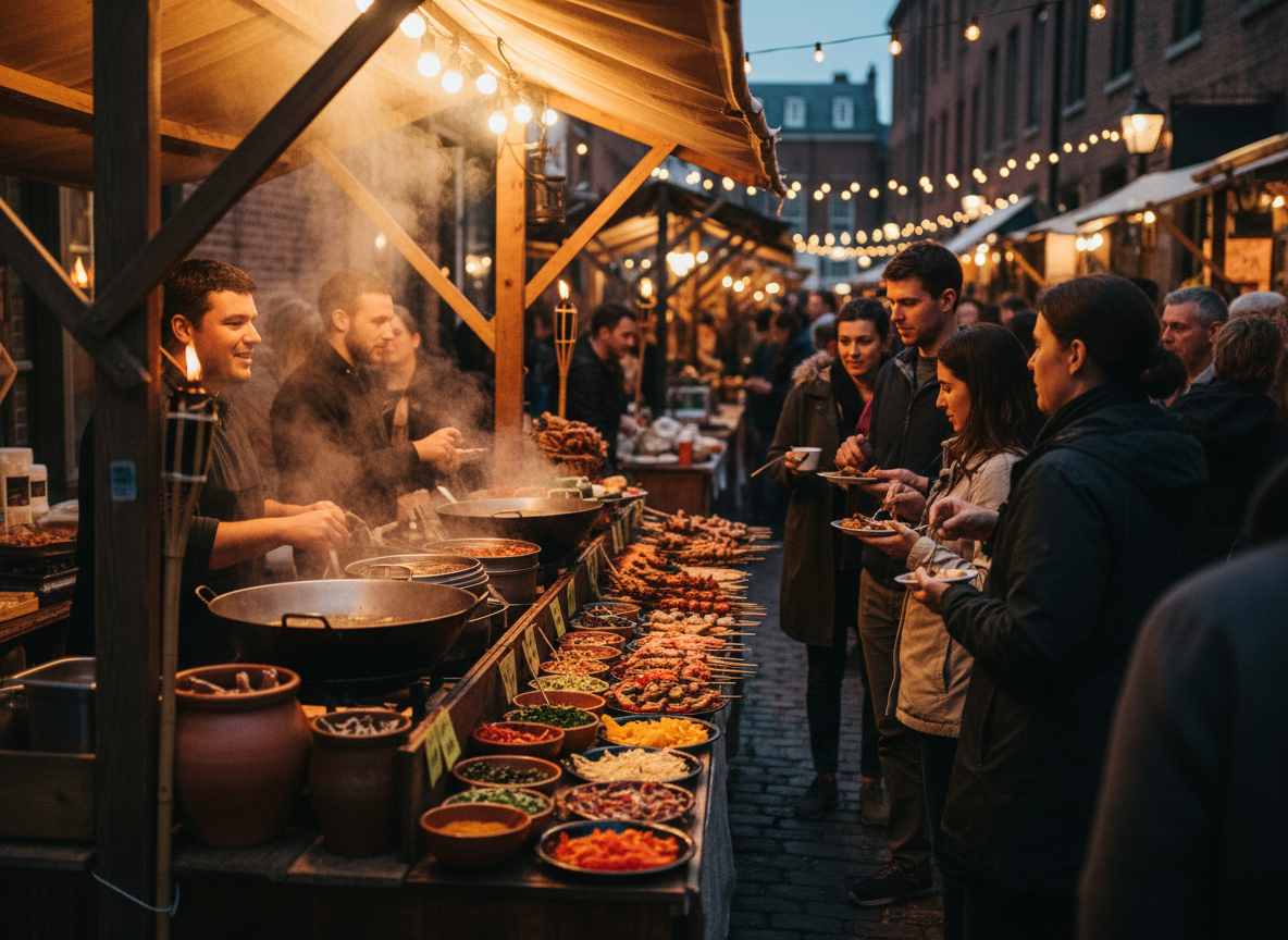 Lively food festival street scene with a vendor stall, steaming dishes, colorful ingredients, and warm ambient lighting.